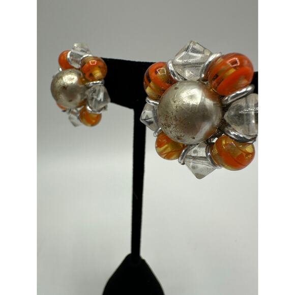 Vintage Japanese Clip-On Earrings, Glass Beads, Orange & Clear, 1950s-60s - Picture 5 of 5